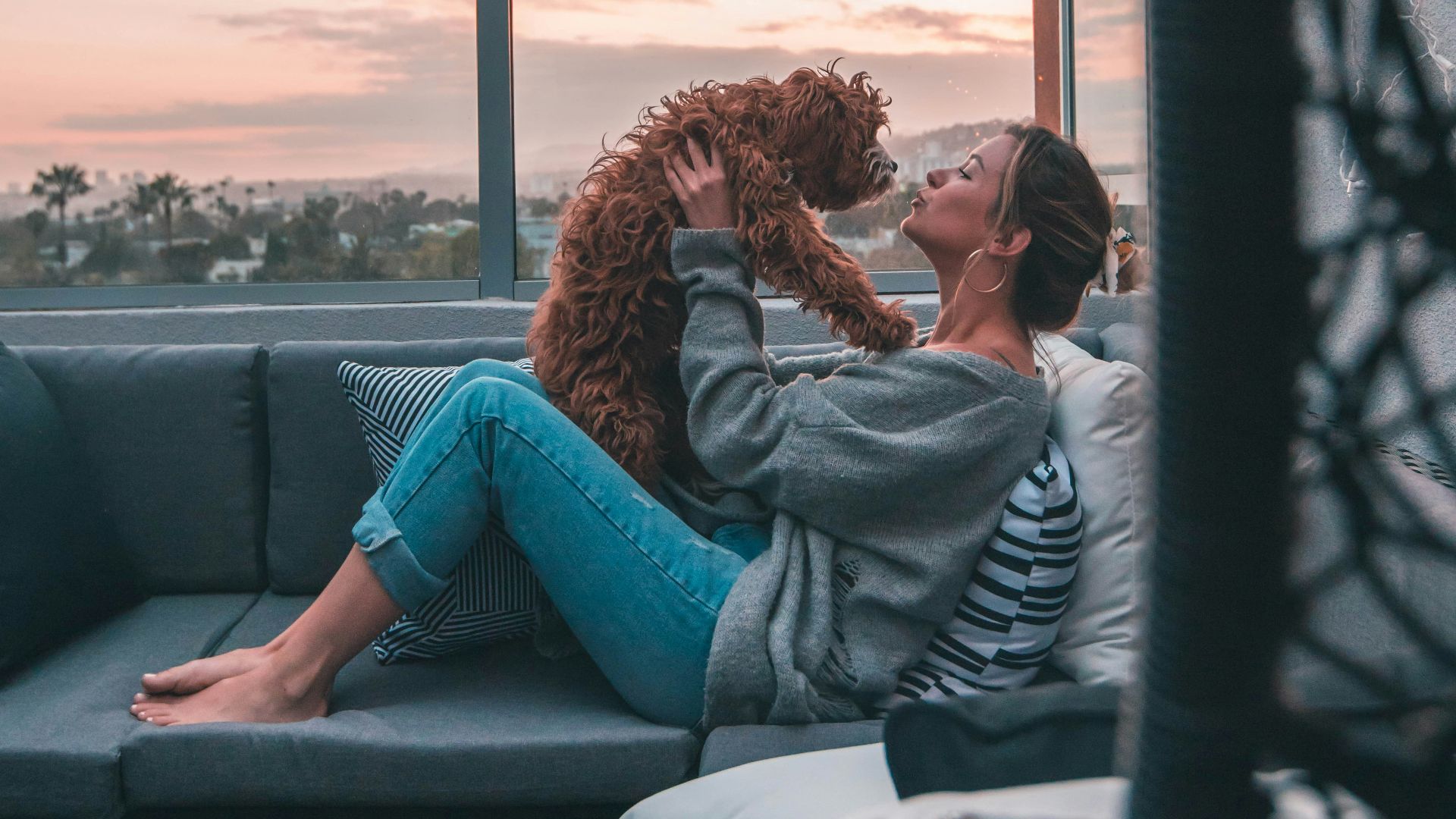 woman holding dog while sitting on sofa