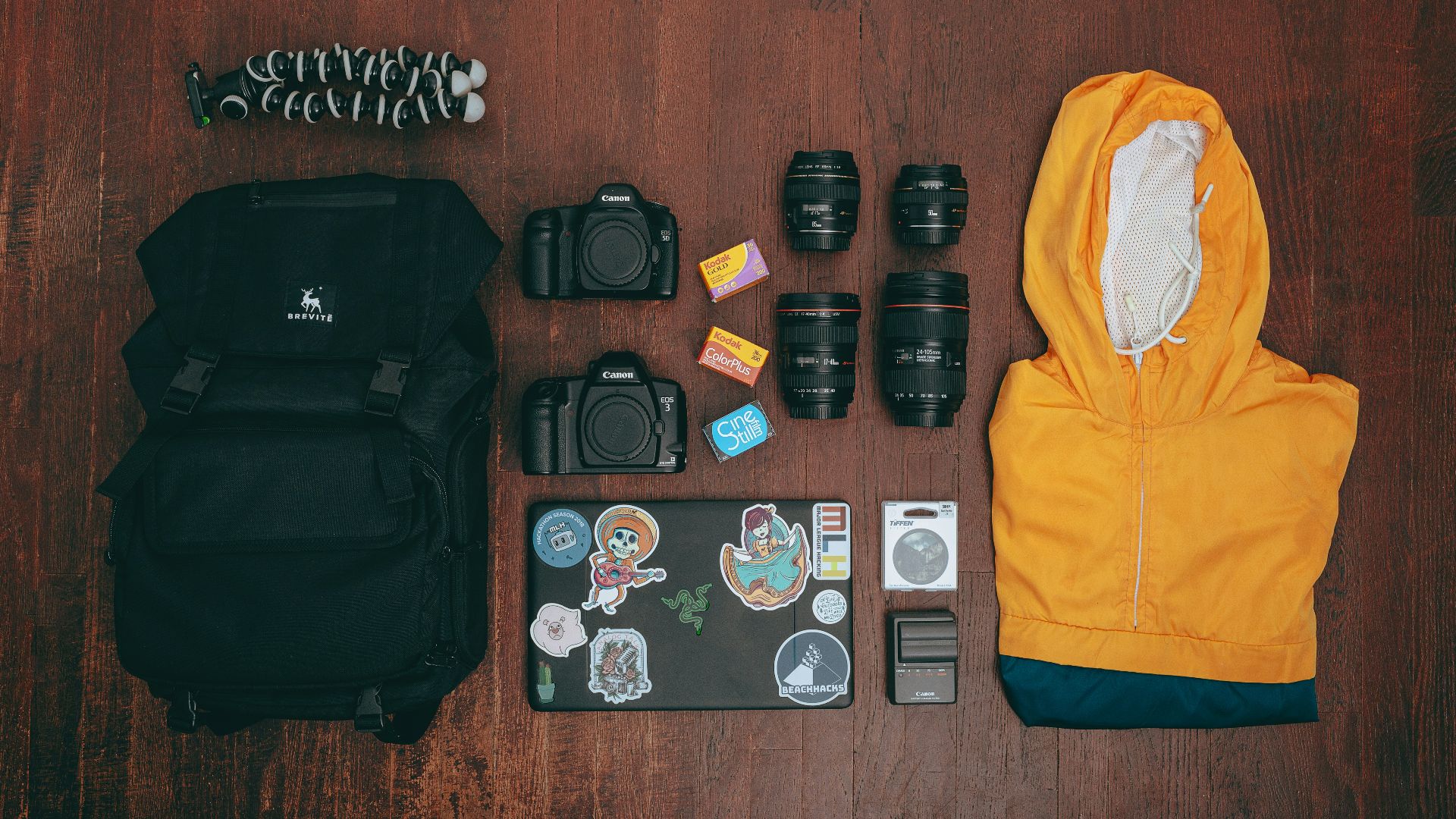 black dslr camera lens and yellow jacket on brown wooden table