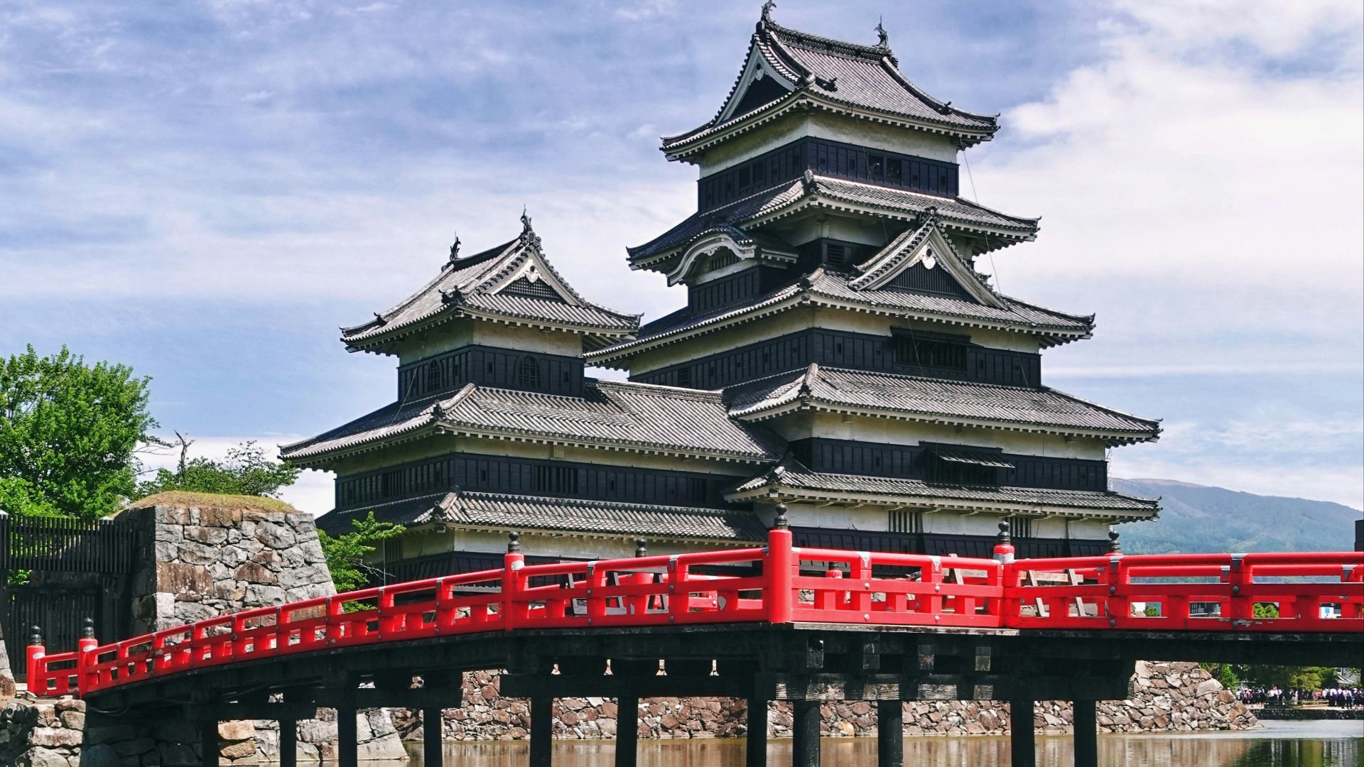 a red bridge over water