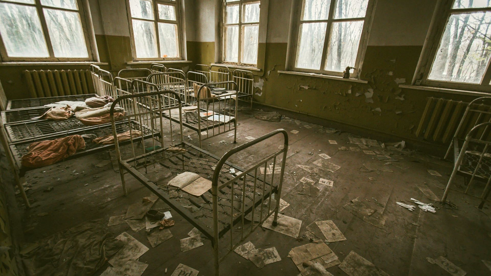 empty room with bed frames