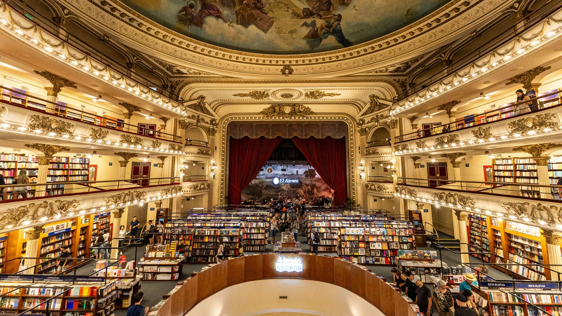 A stunning bookstore inside a grand theater.