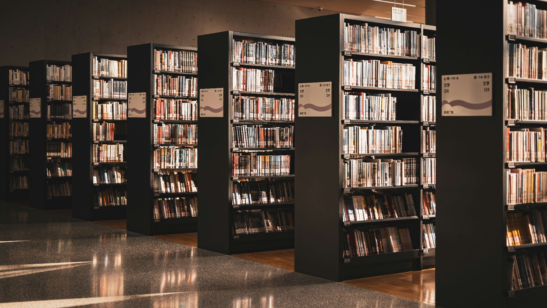 a row of bookshelves filled with lots of books