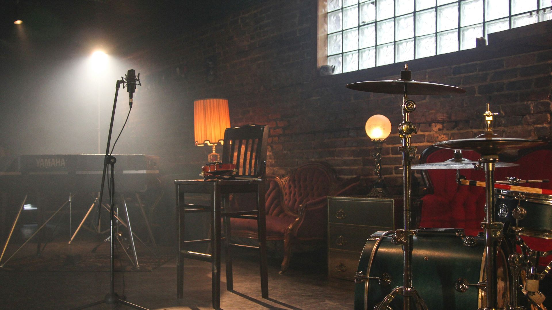 music room with lights turned on