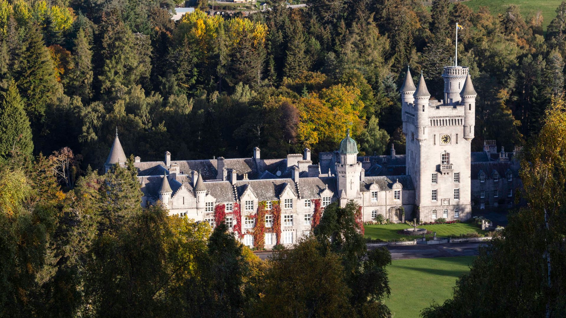 a large white castle surrounded by trees