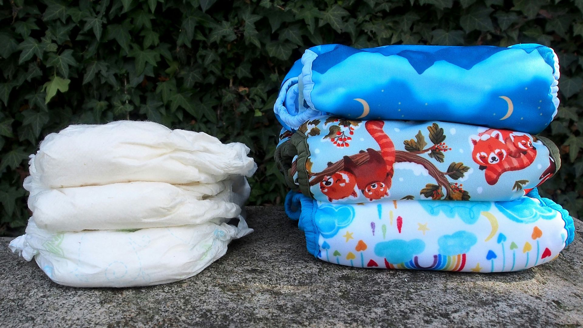 a pile of diapers sitting on top of a rock