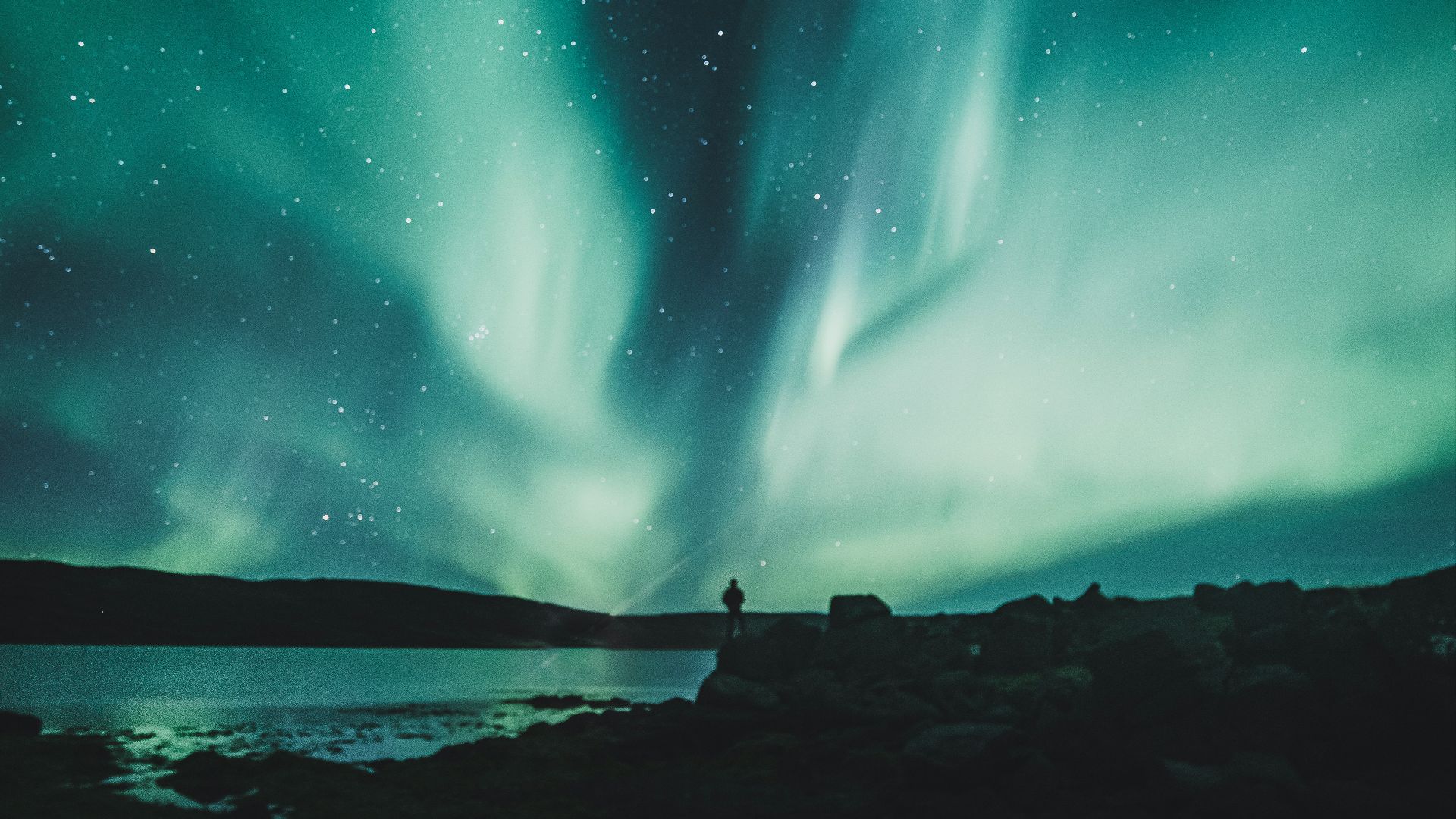 person standing near body of water during aurora northern sky