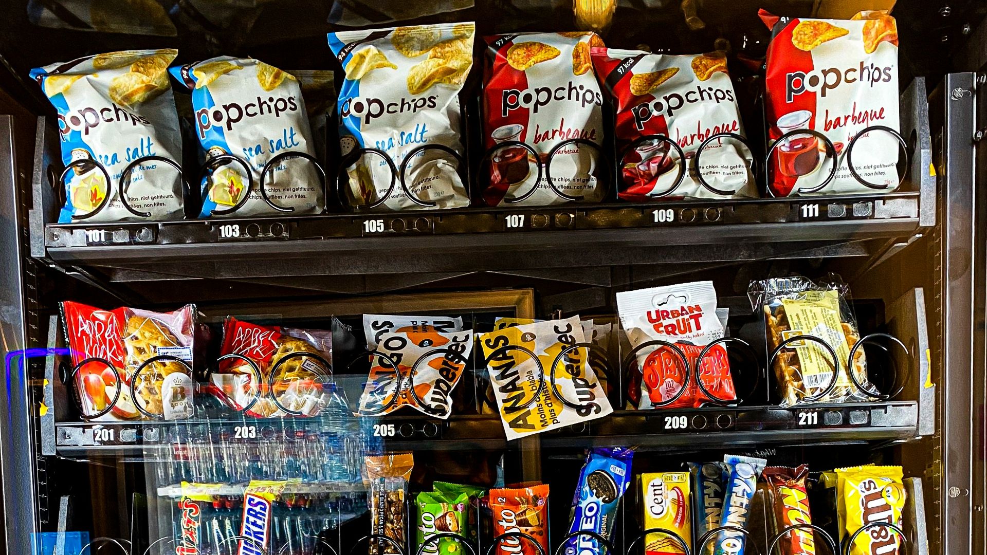 assorted food packs on shelf