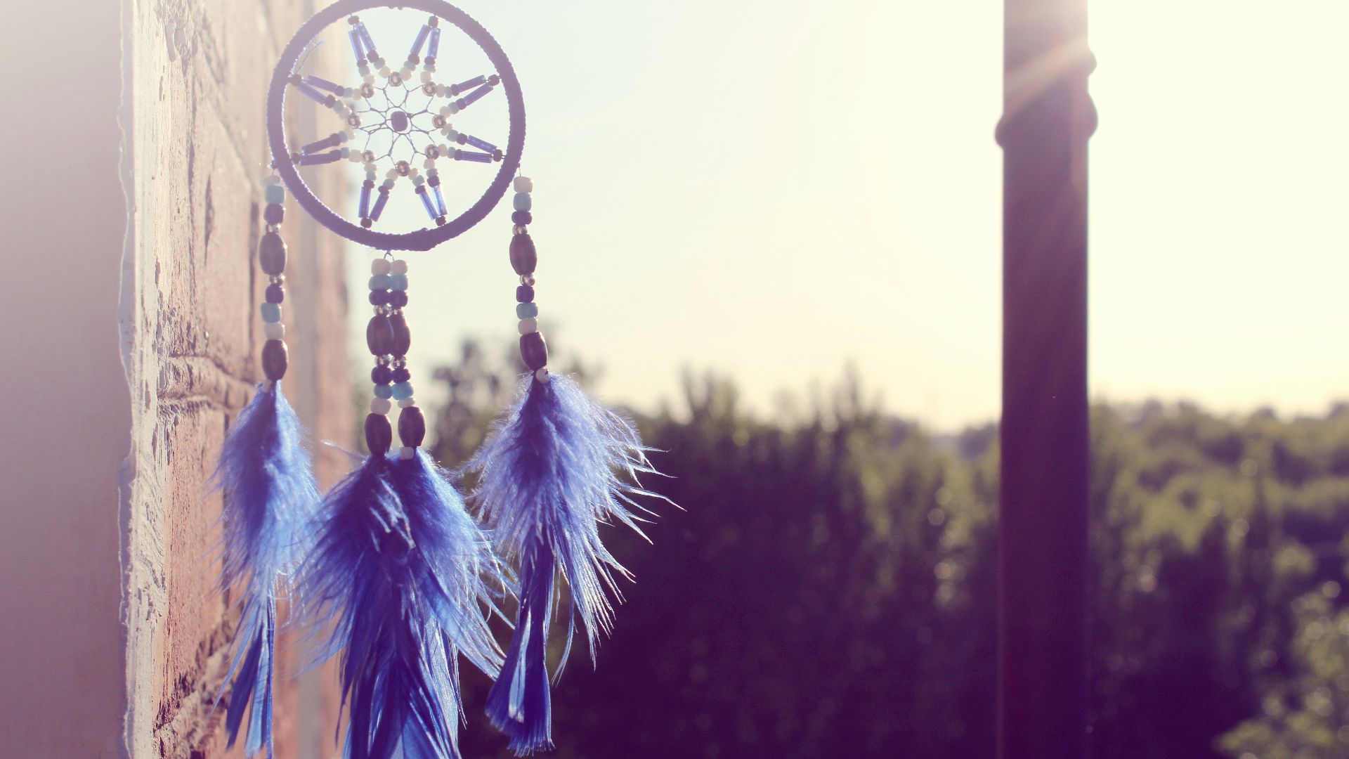 selective focus of hanging blue and black dream catcher