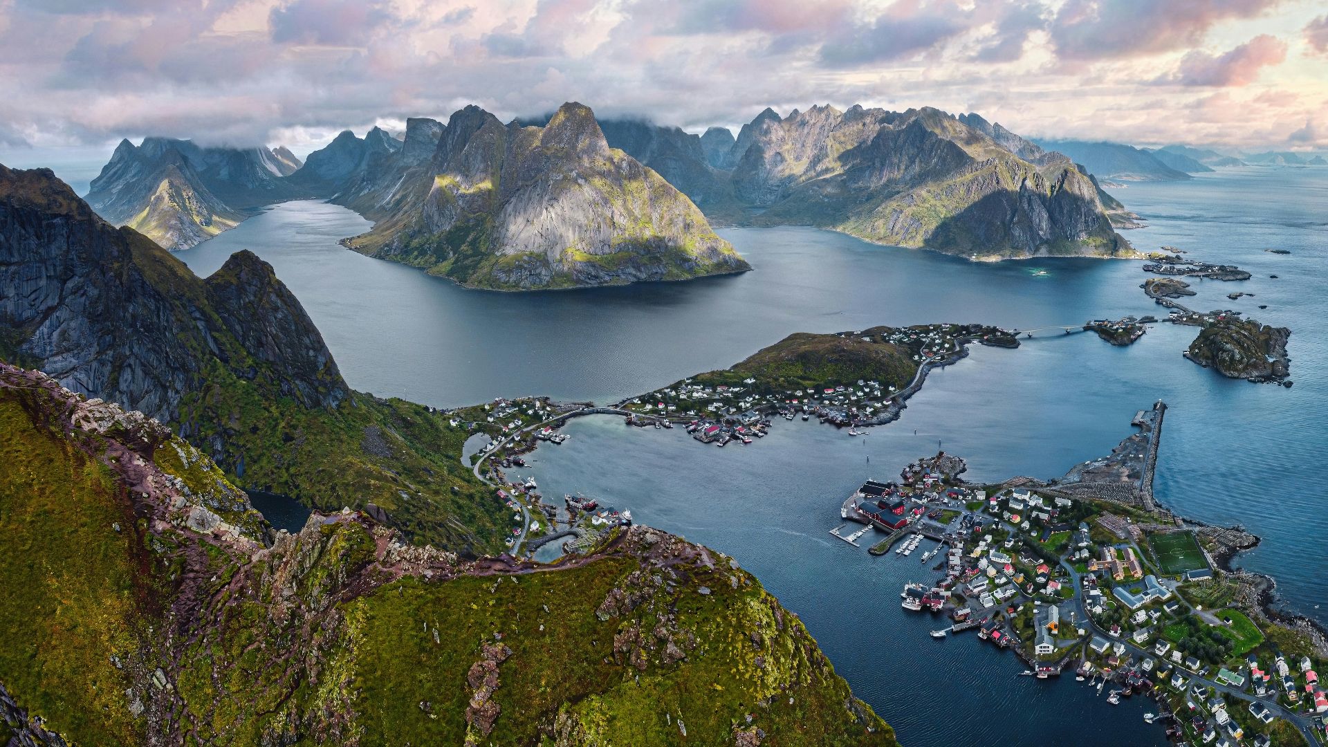an aerial view of a small town on an island