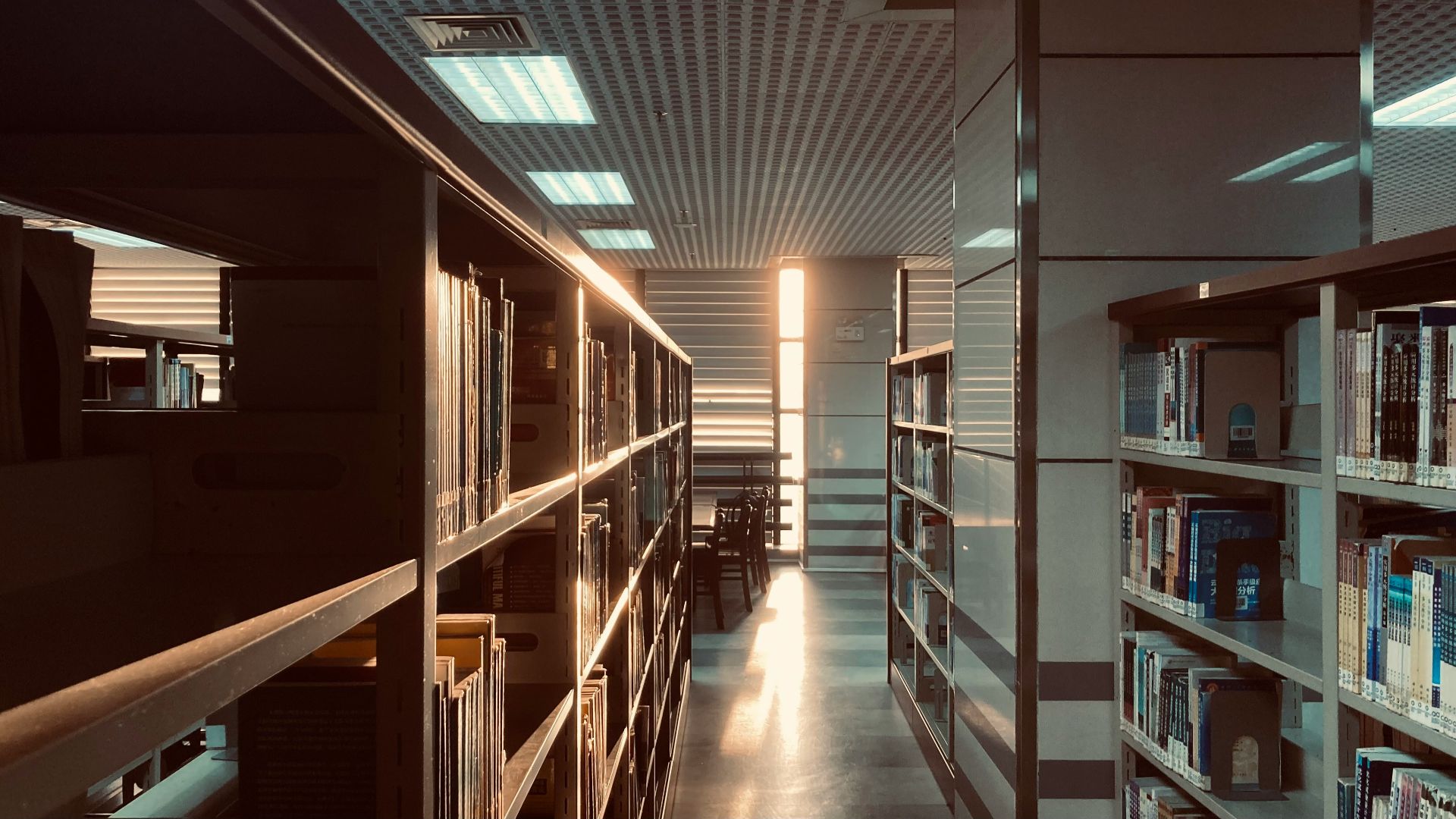 a long row of bookshelves in a library