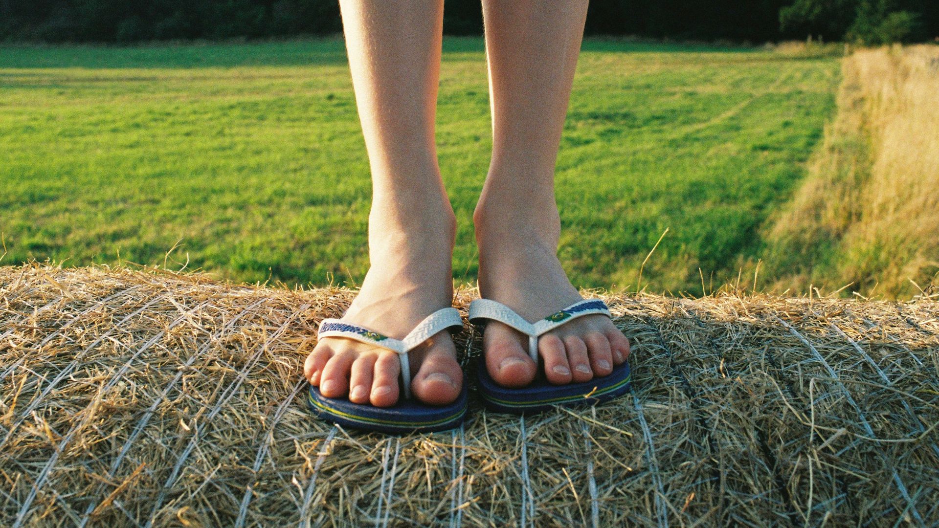 person wearing black flip flops standing on brown grass field during daytime