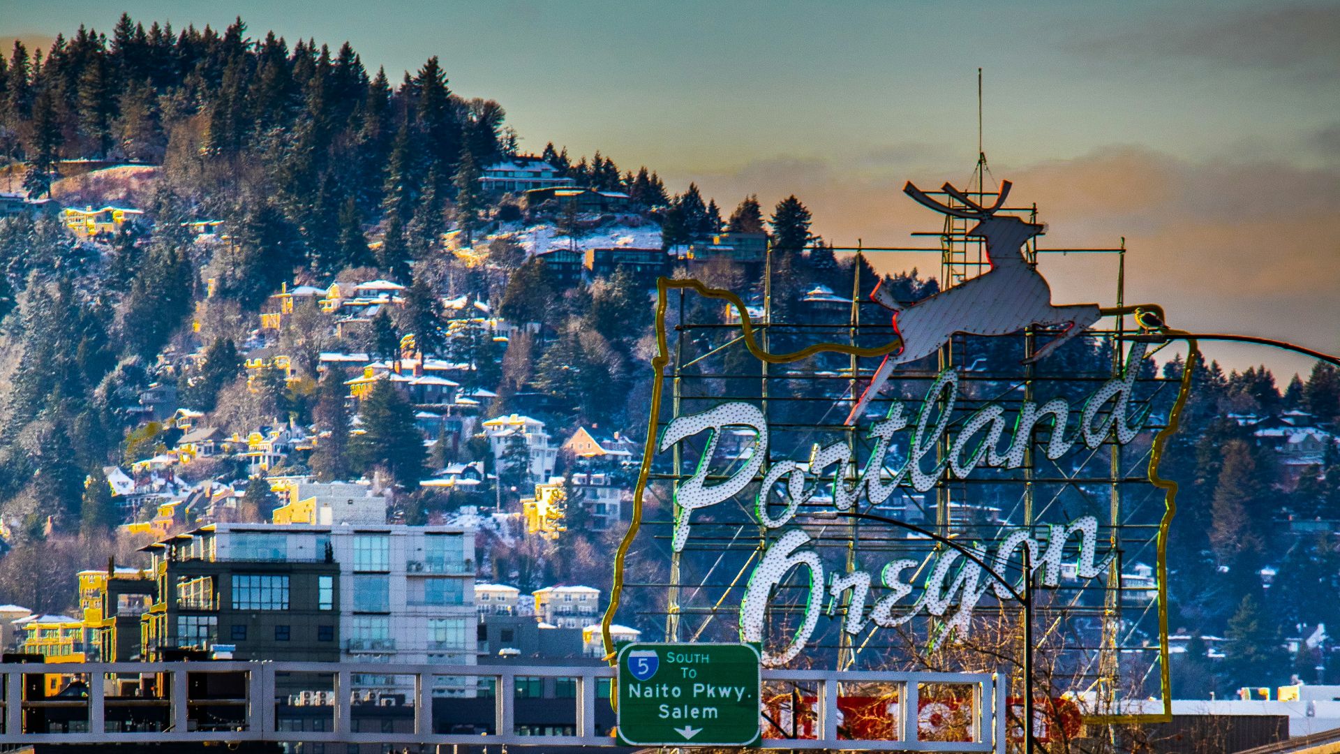 a city with a mountain in the background