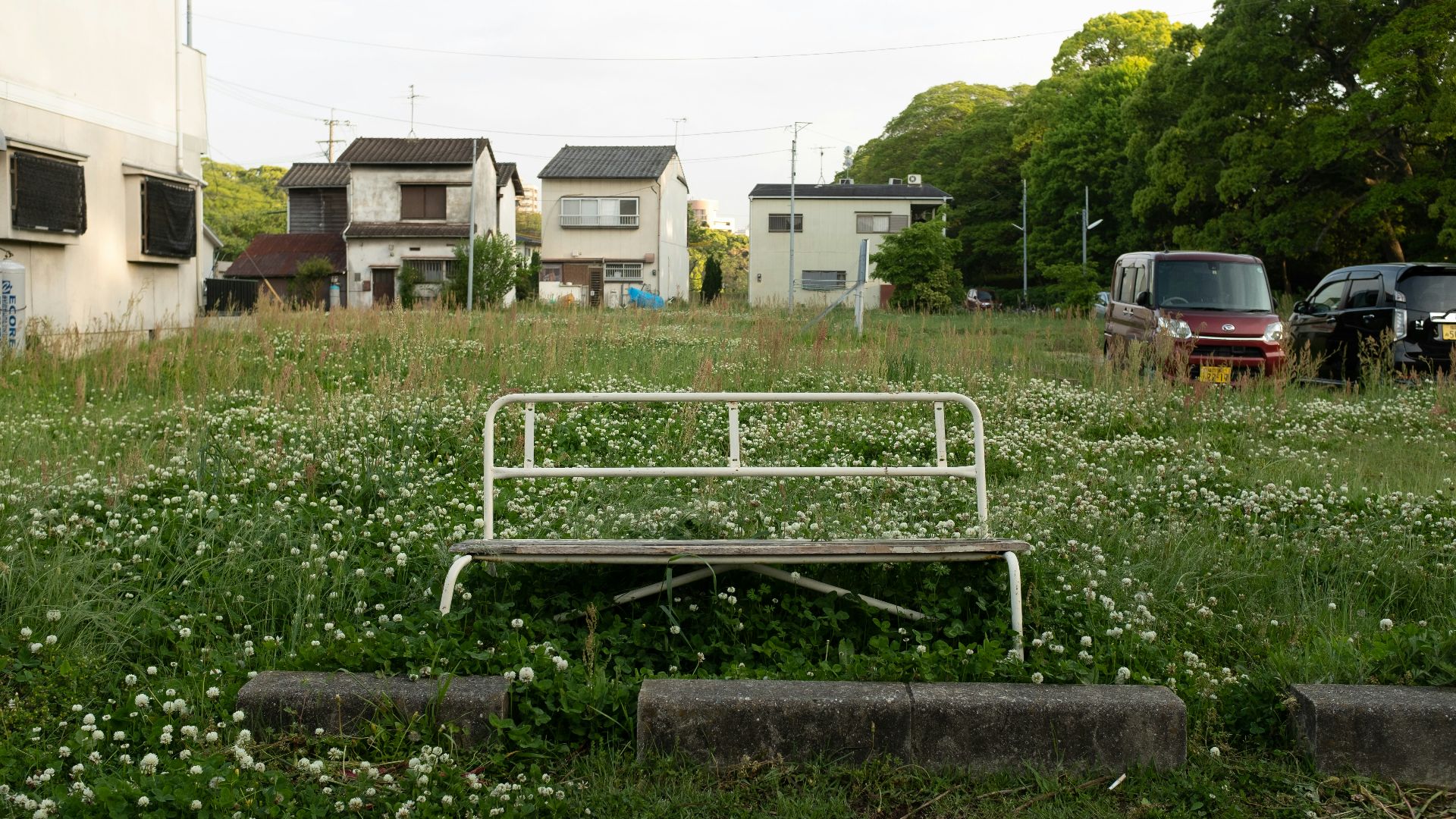 white metal bench on green grass field