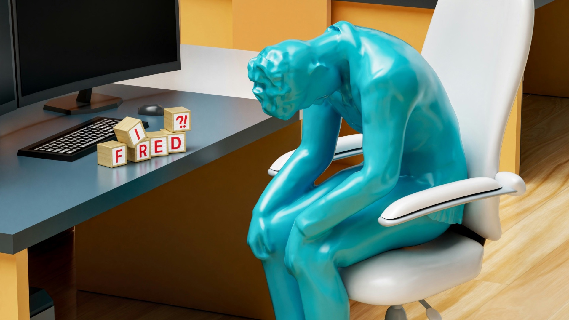 a statue of a person sitting in a chair in front of a computer