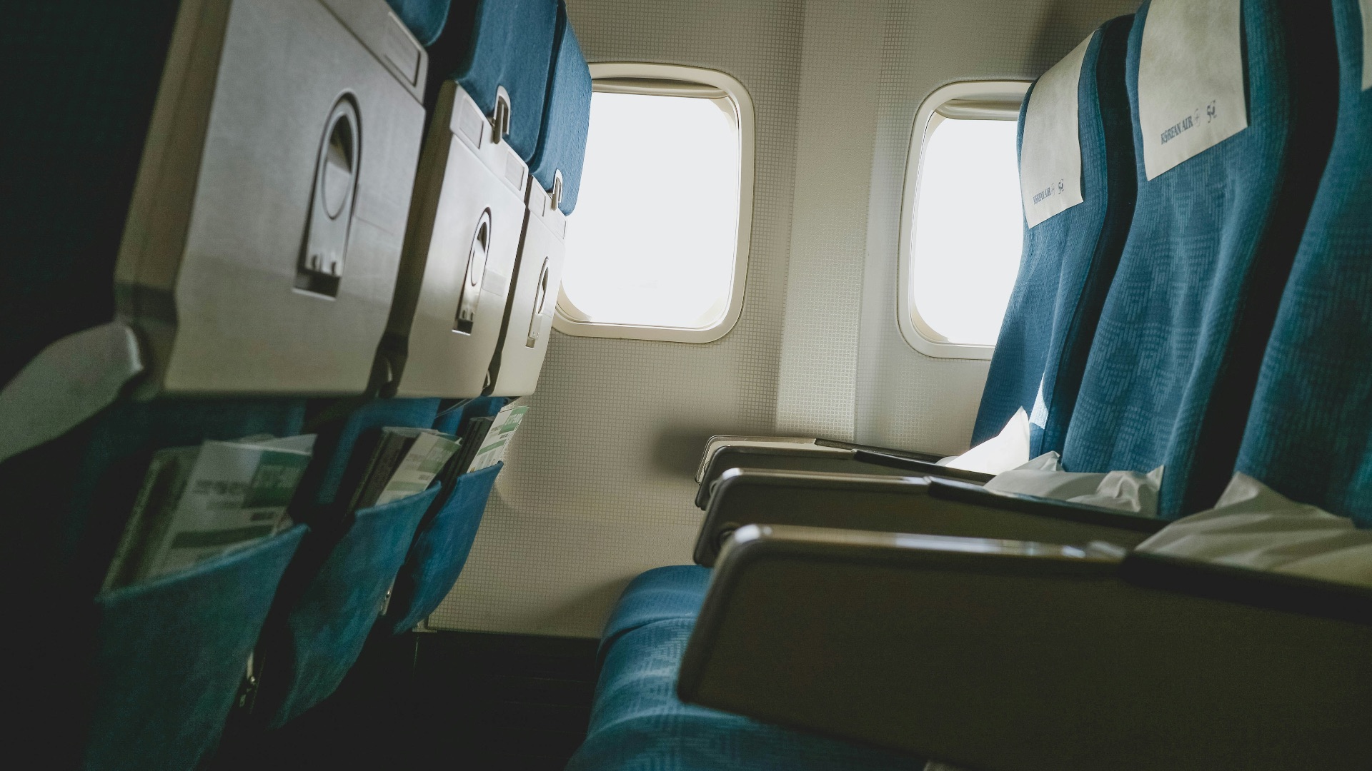 blue and white train seats
