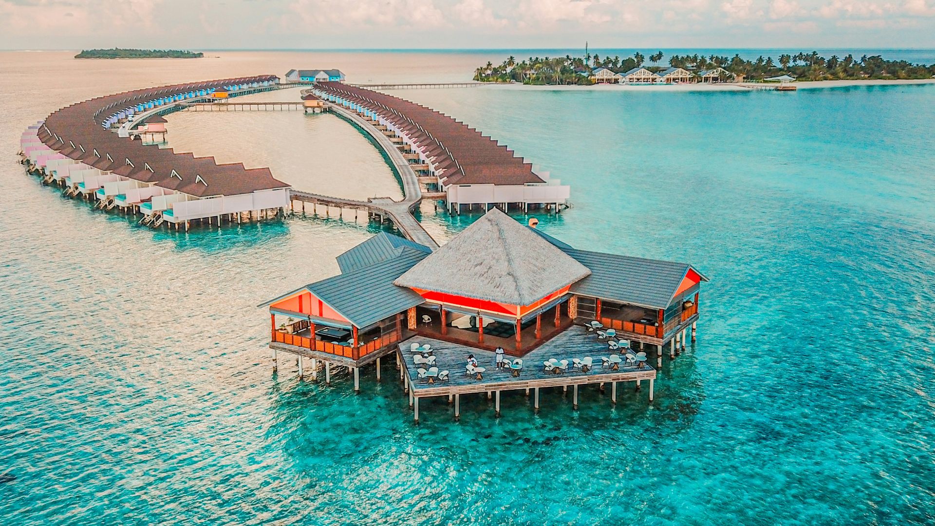 aerial photography of resort rooms and island