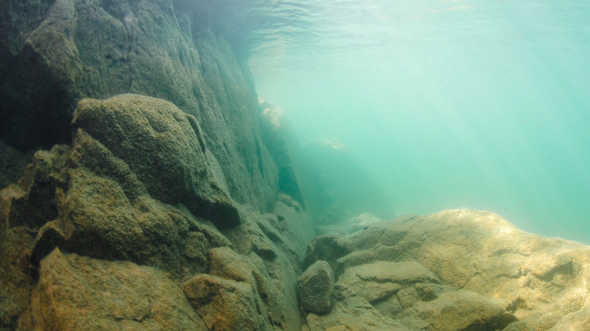 An underwater view of rocks and water