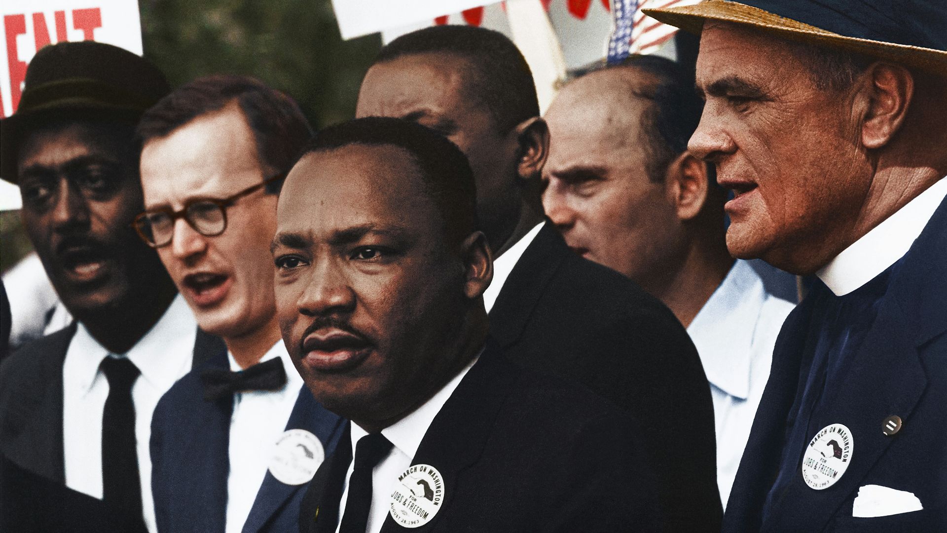 Dr. Martin Luther King, Jr. and Mathew Ahmann in a crowd of demonstrators at the March on Washington