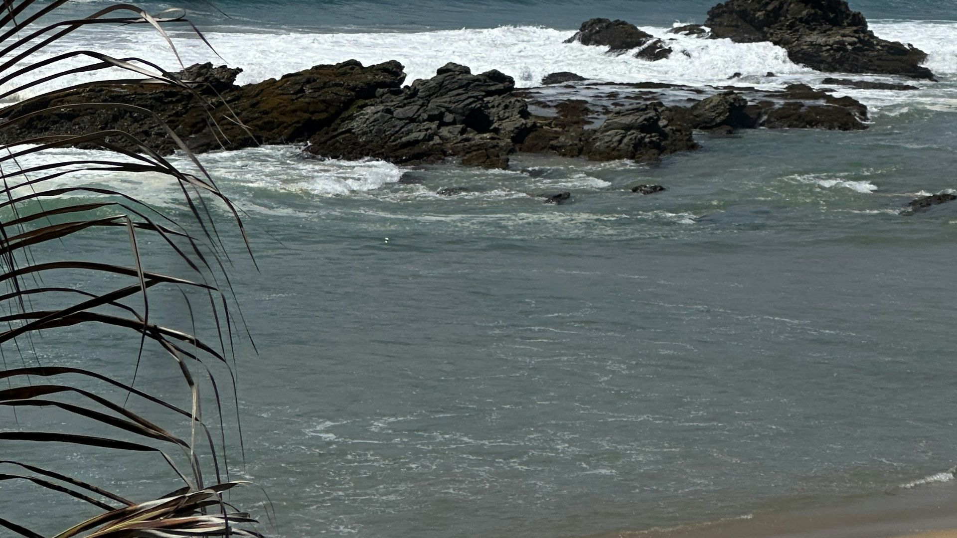 A view of a beach with an umbrella and chairs
