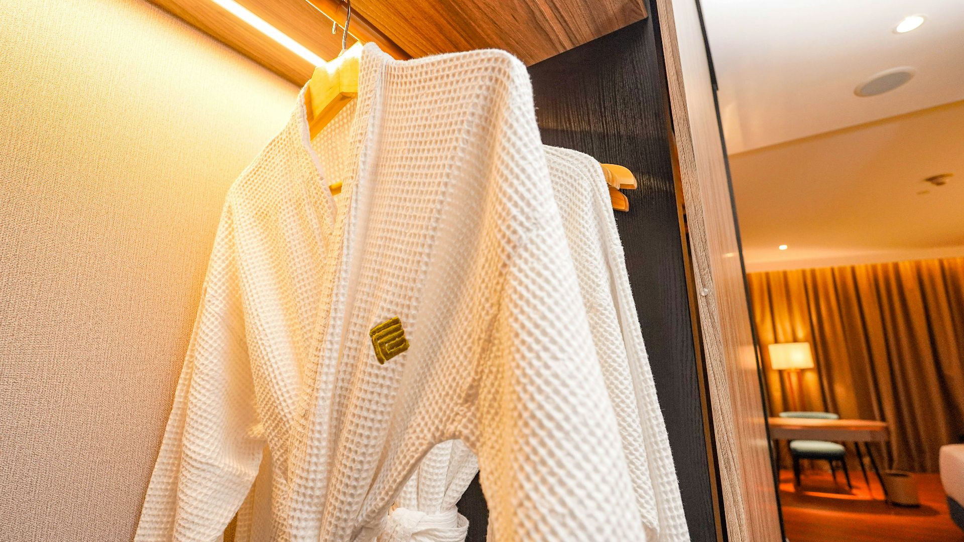 a robe hanging on a wall in a hotel room