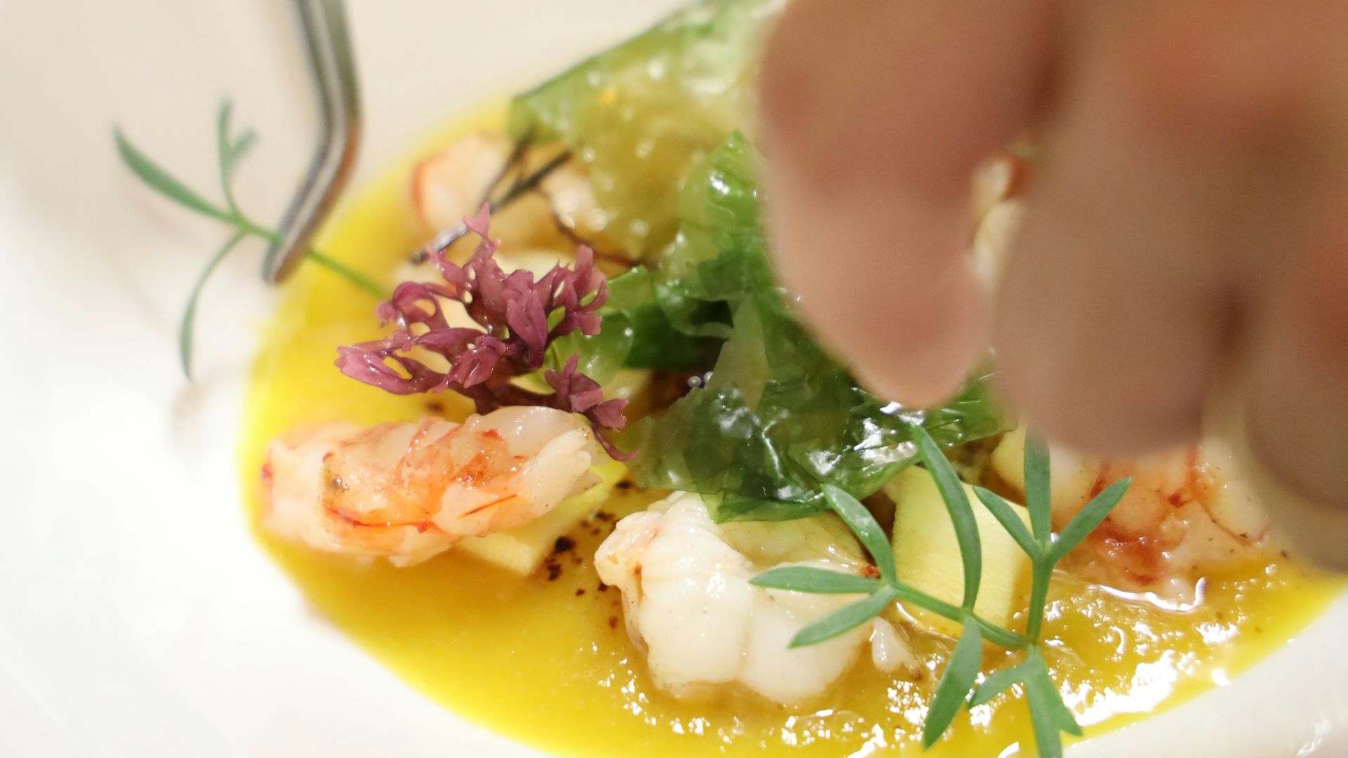 A chef finishes plating a beautiful appetizer.