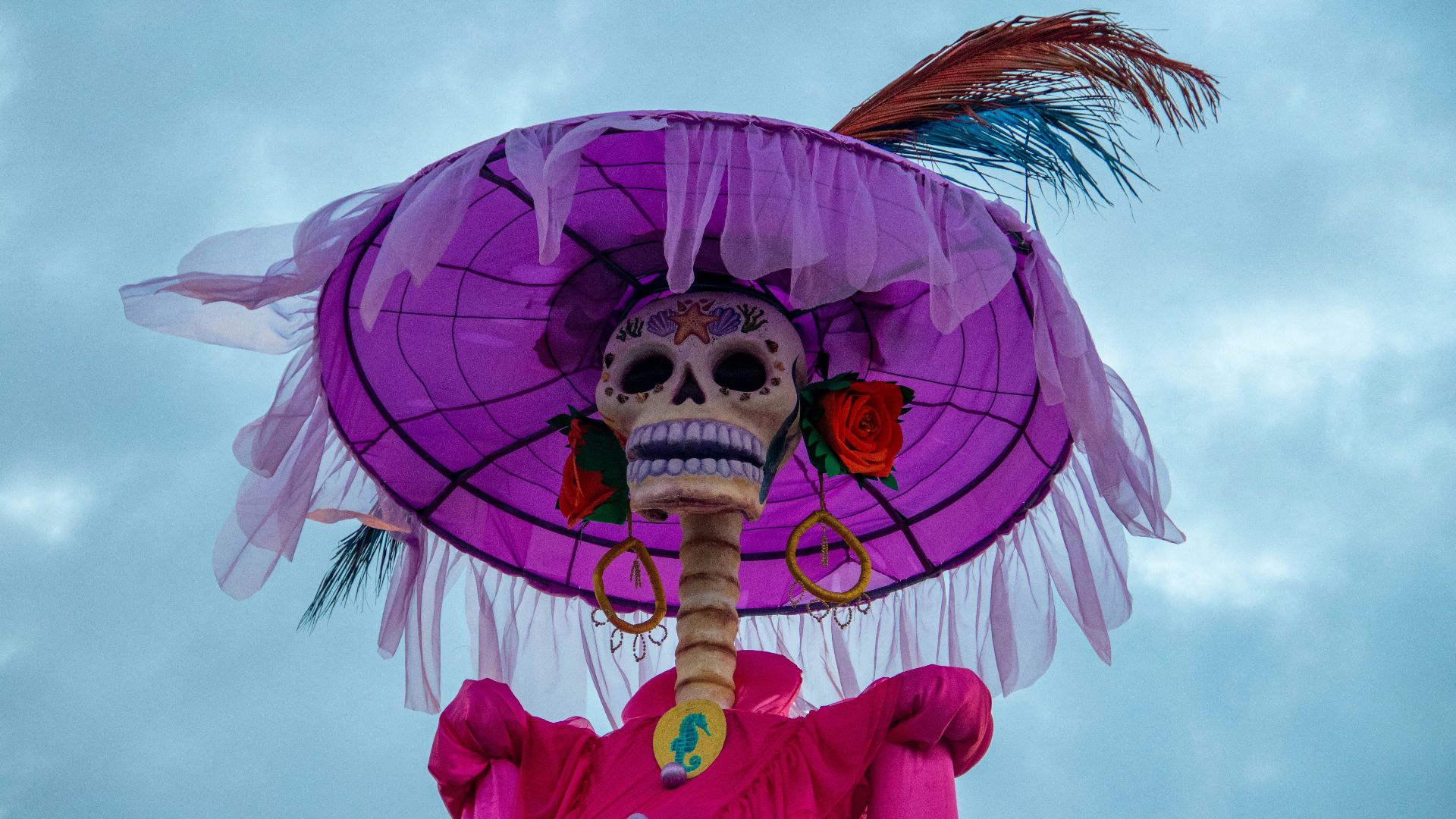 a skeleton wearing a purple hat with feathers