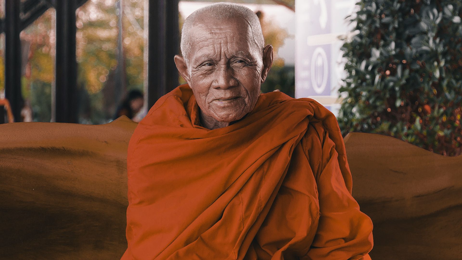 man wearing orange shirt sitting on bench
