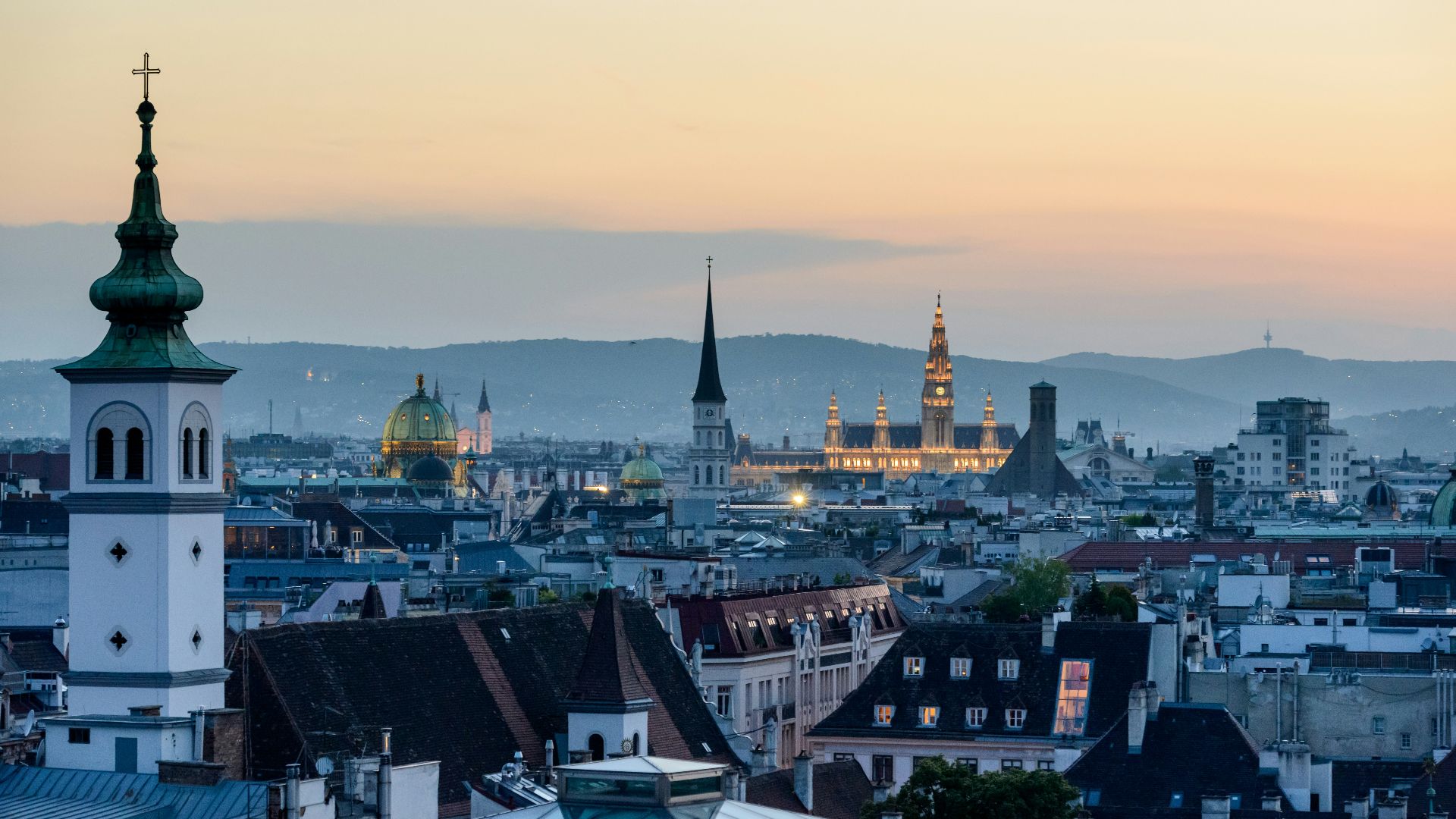 aerial view of a city during sunset