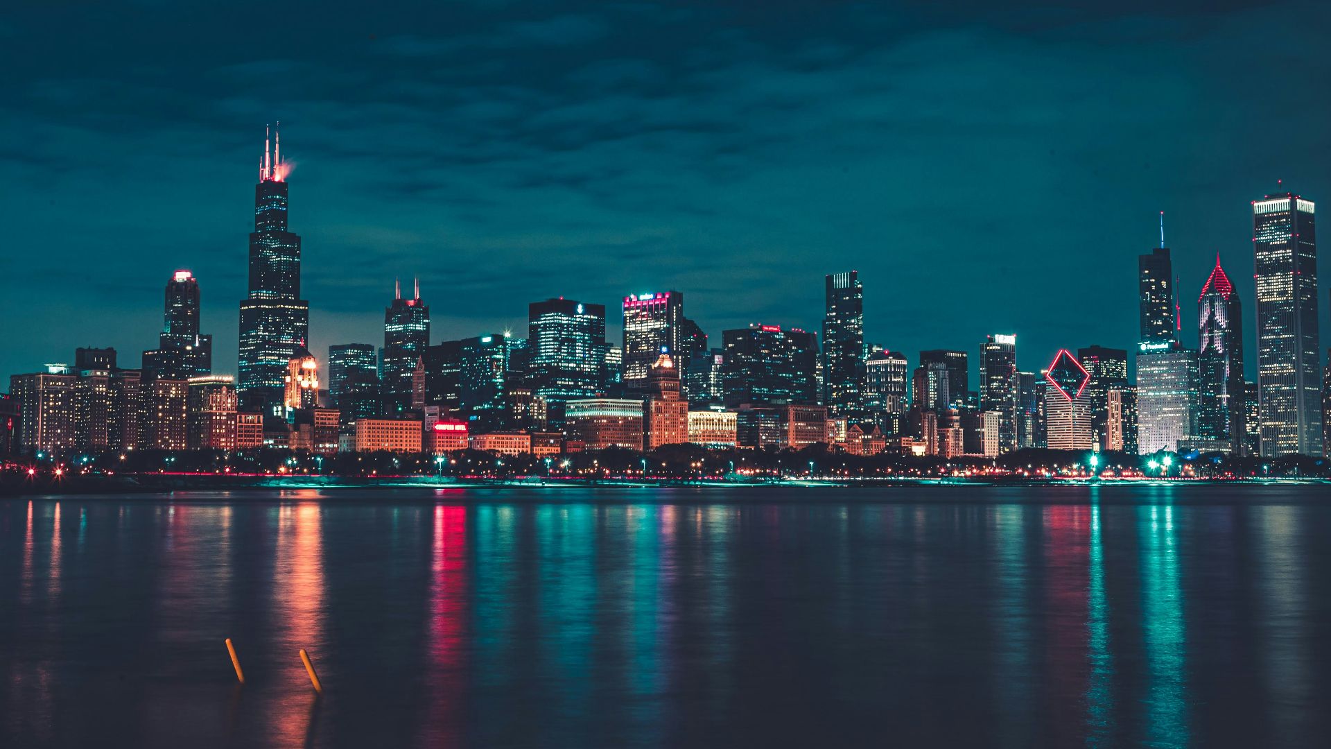 city skyline during night time