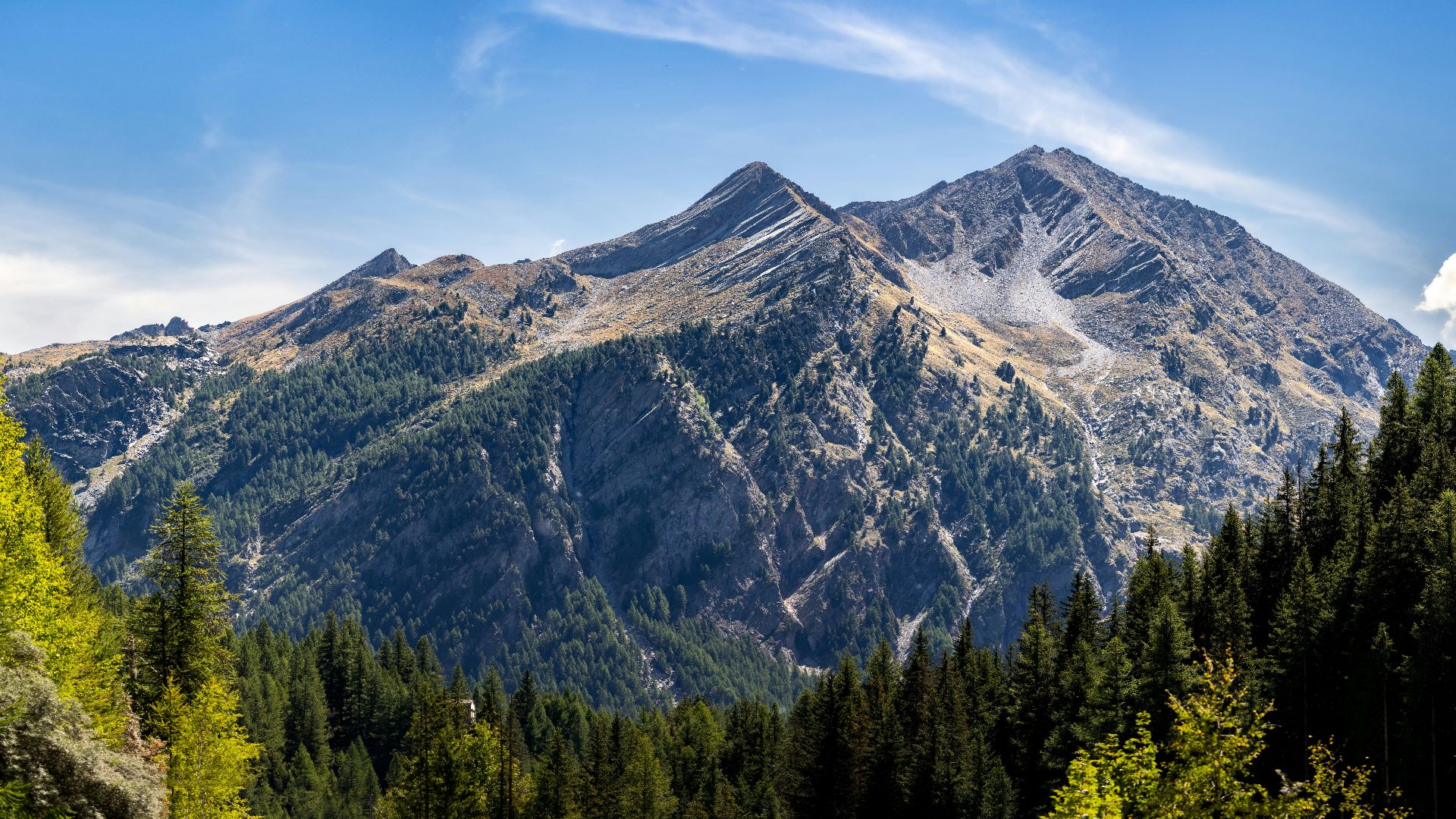 A scenic view of a mountain range with trees in the foreground
