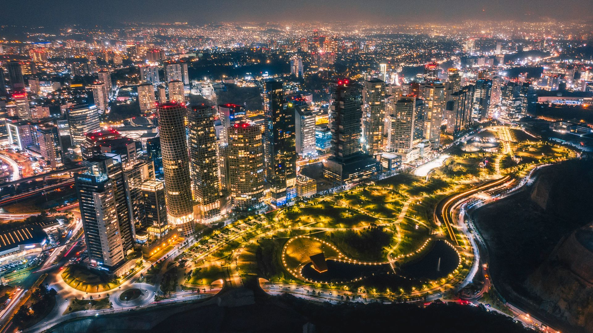 aerial view of city buildings during night time
