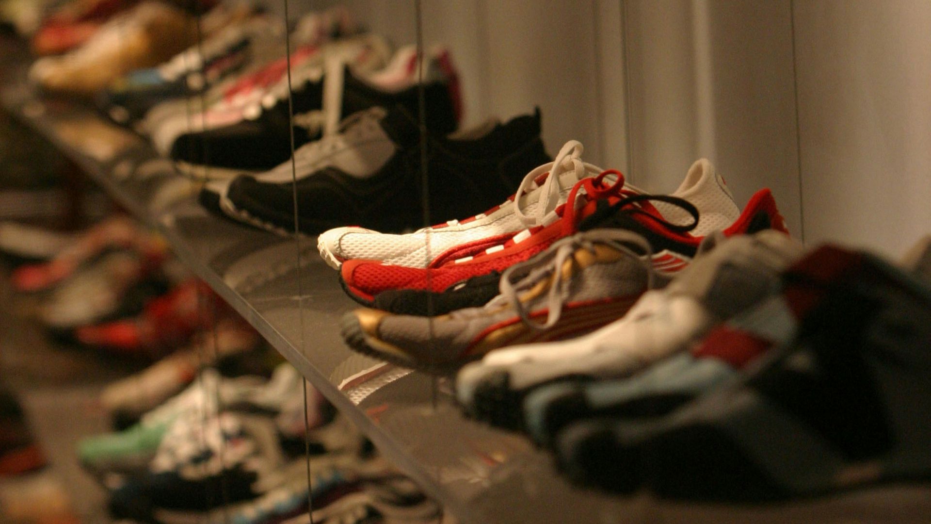 a shelf of shoes
