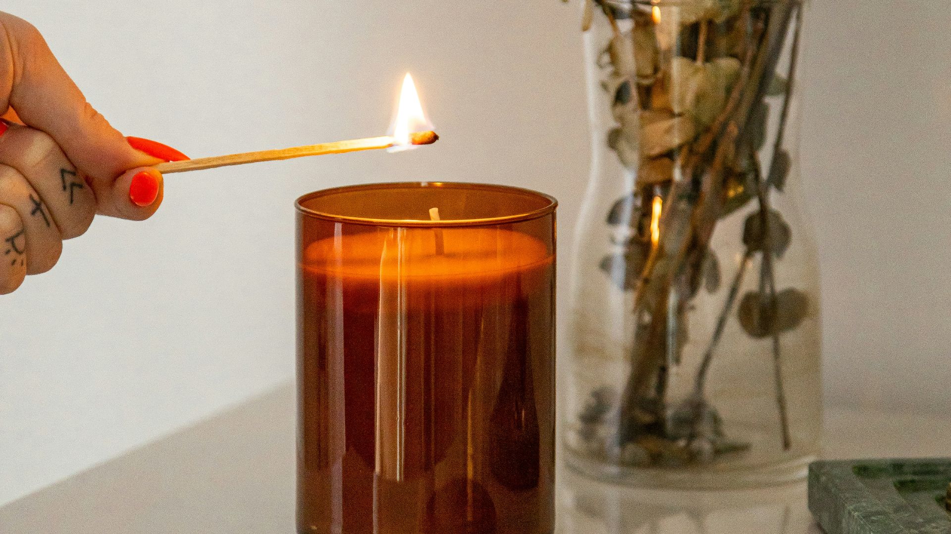 person holding lighted candle near green plant