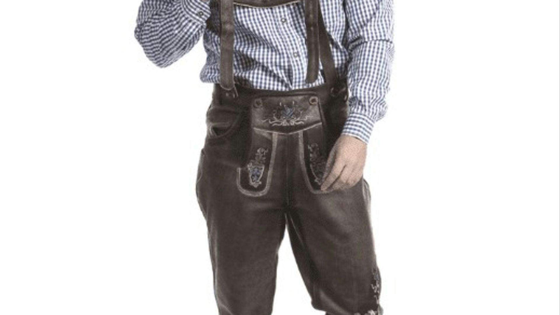 a man in a blue shirt and brown pants