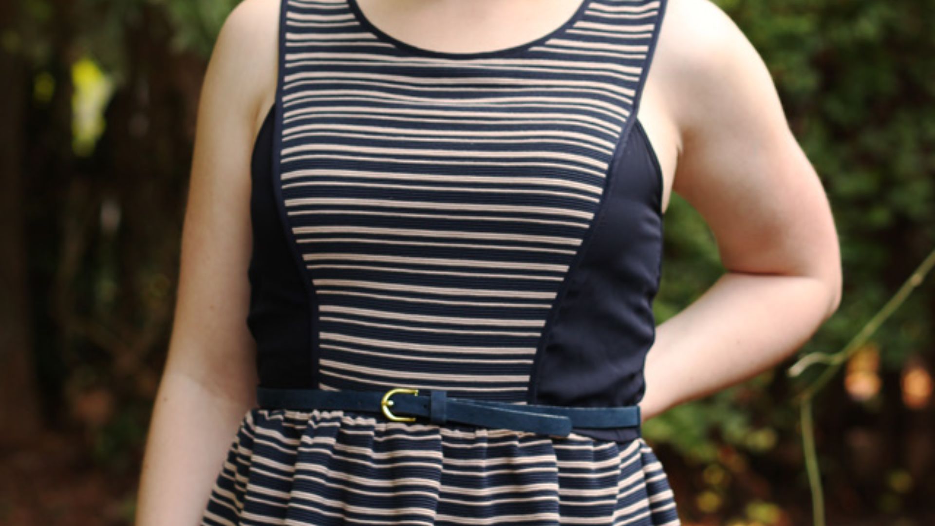 File:Striped Fit & Flare Dress with Short Red Hair.jpg