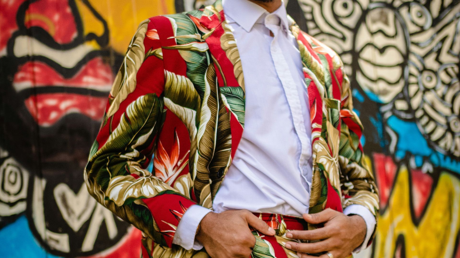 man wearing floral tracksuit