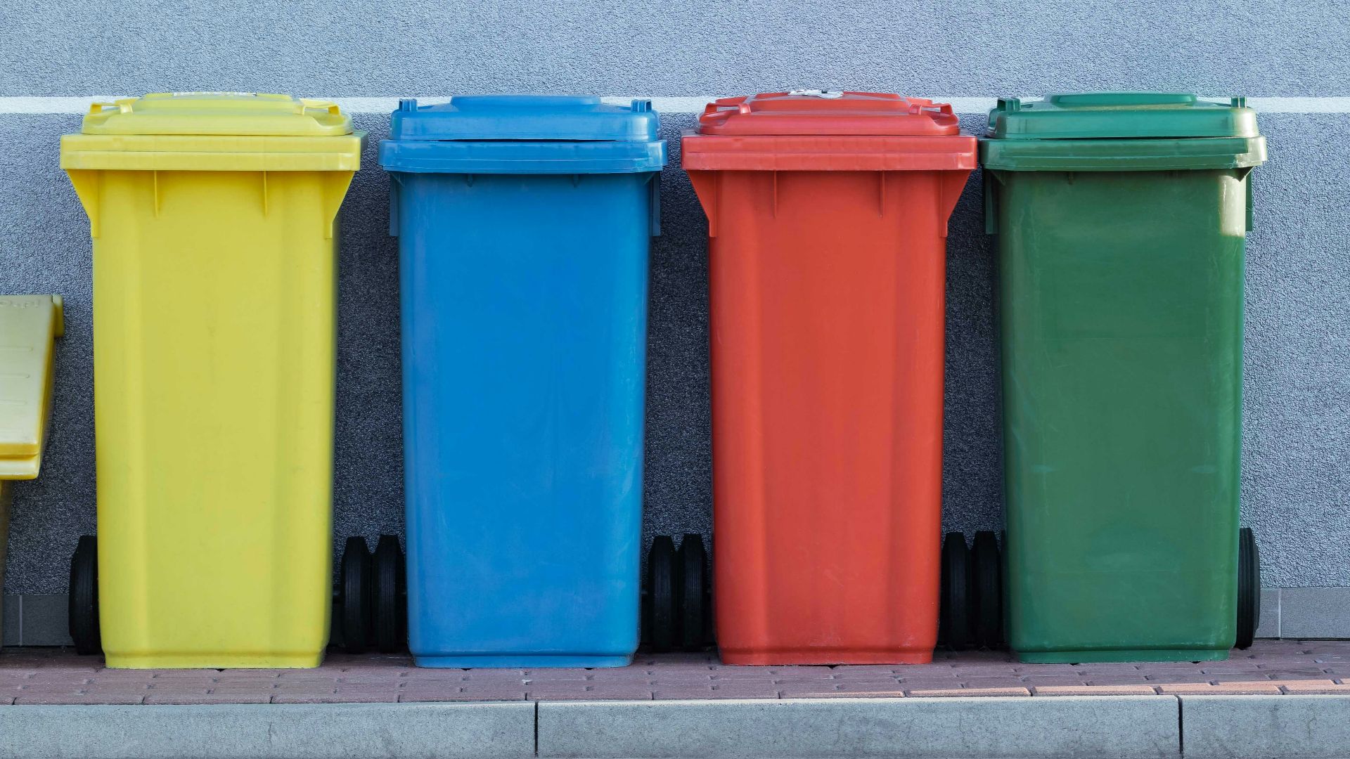 four assorted-color trash bins beside gray wall