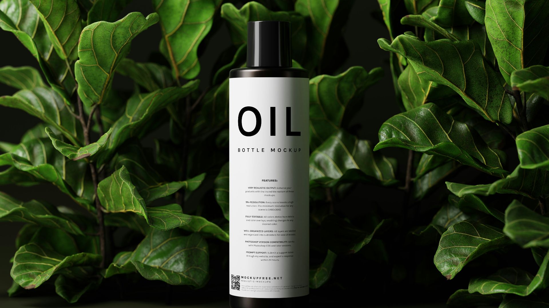 a bottle of oil sitting on top of a lush green plant