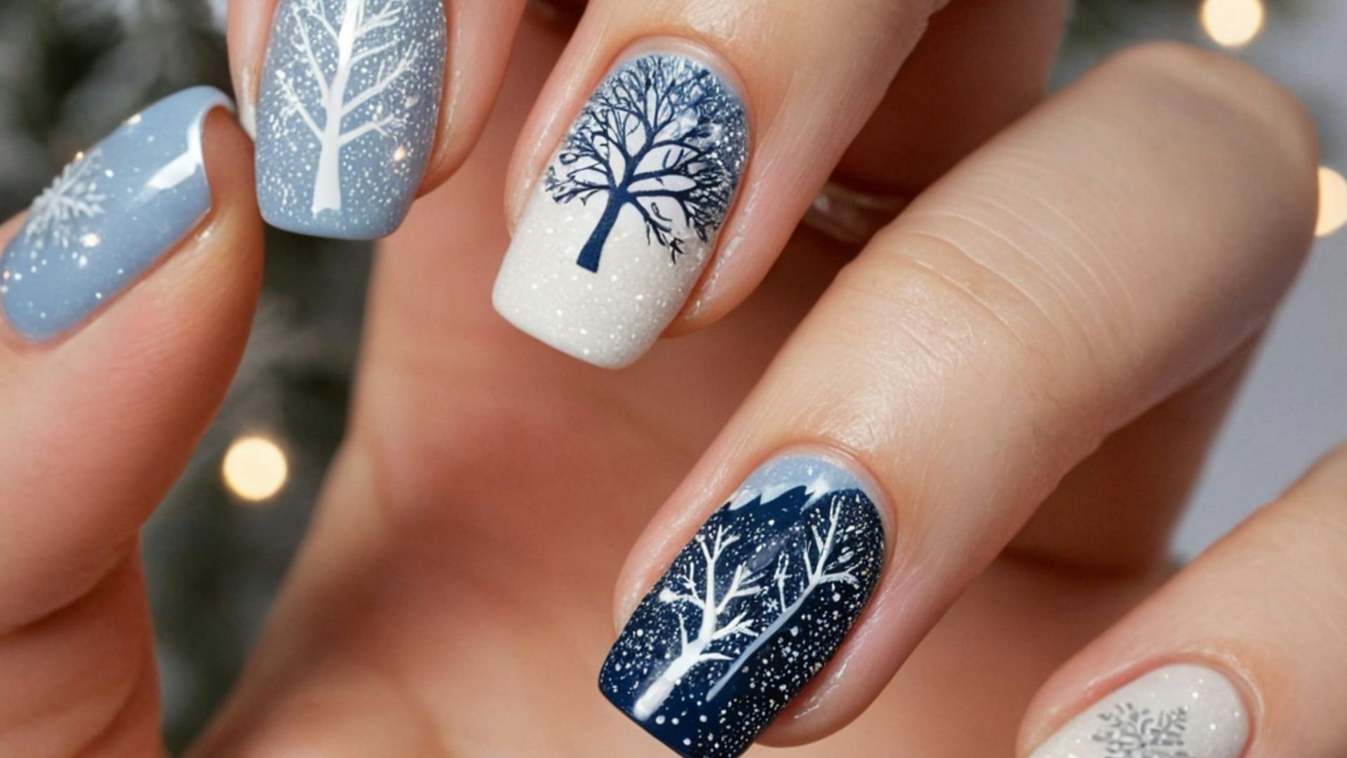 A person with a blue and white manicure with a tree on it