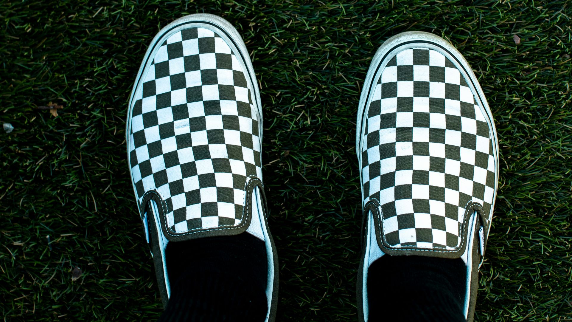 person wearing white and black checkered slip on shoes