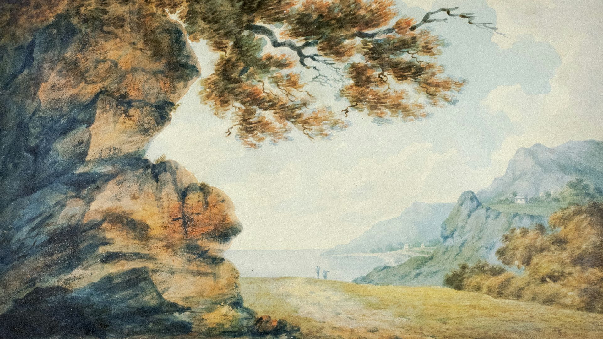 a painting of a tree in a rocky landscape
