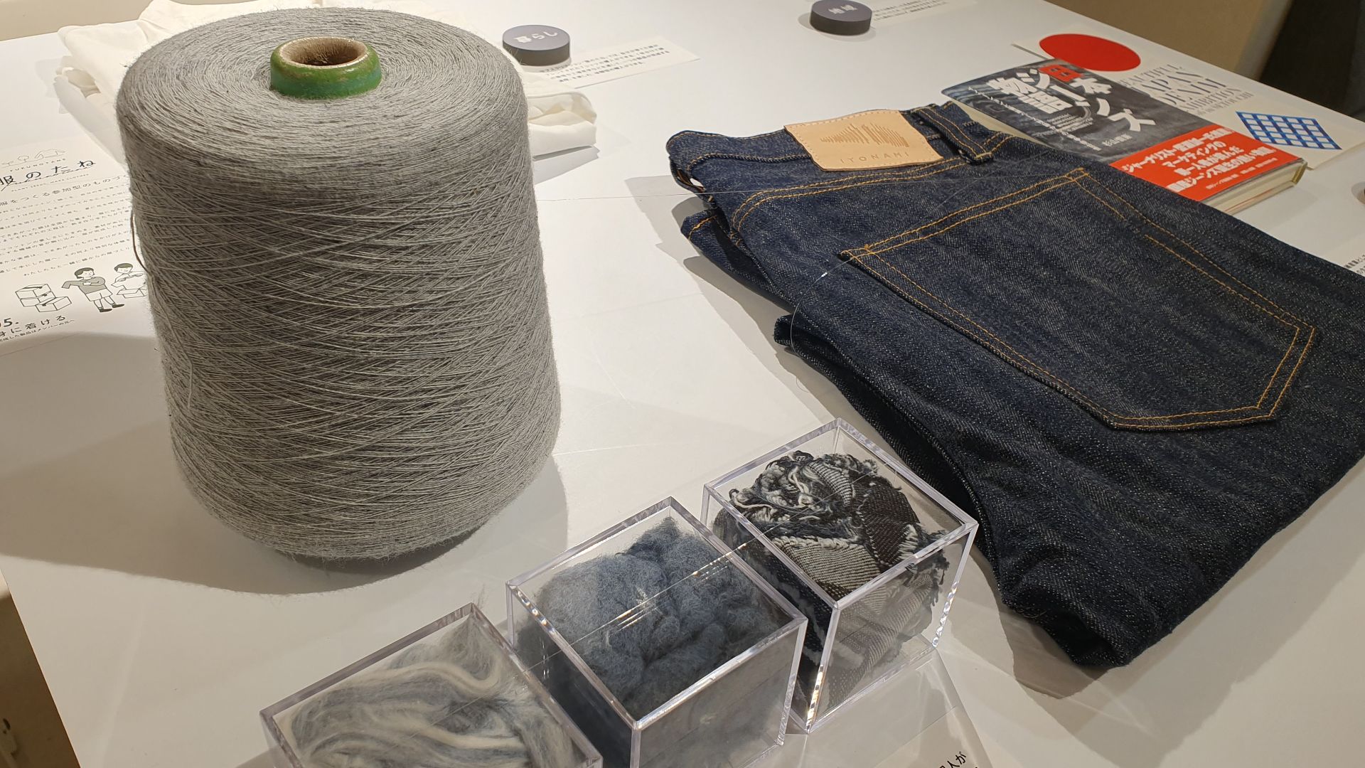 File:Recycled thread made from old jeans, on display in Hikarie.jpg