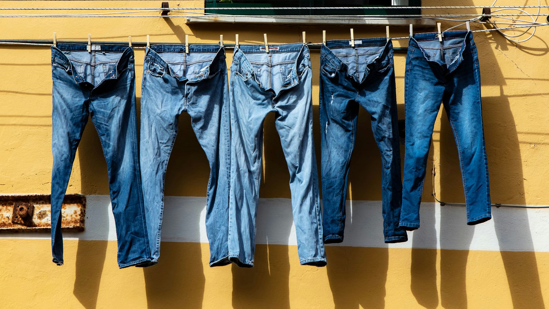 five blue denim jeans hanged on grey cable near window