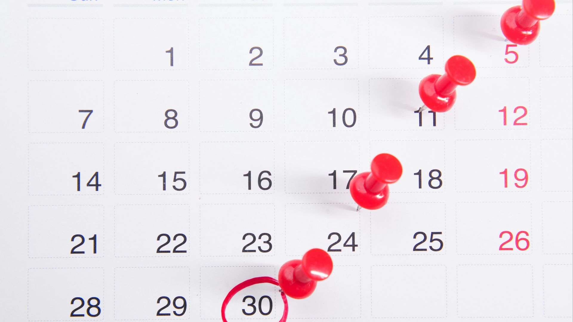 a calendar with red push buttons pinned to it