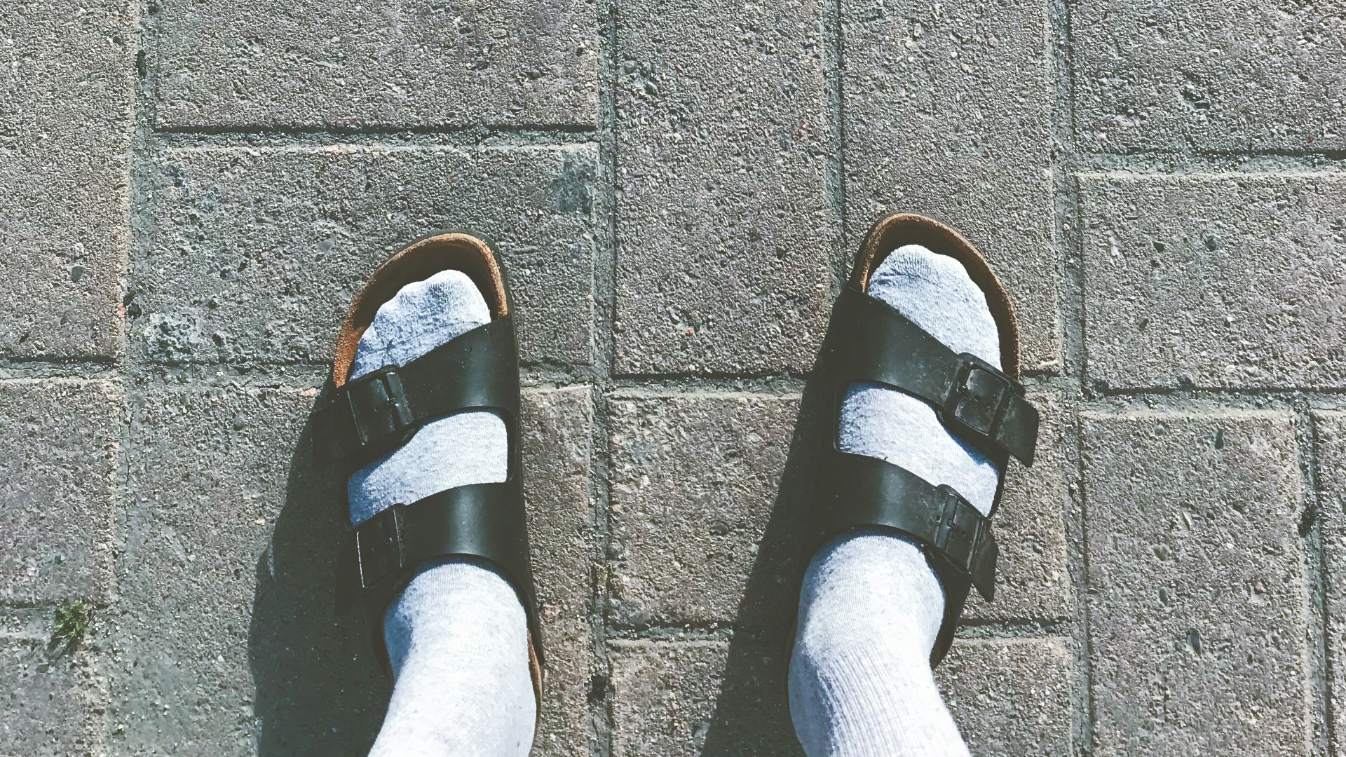 person wearing black and white slide sandals