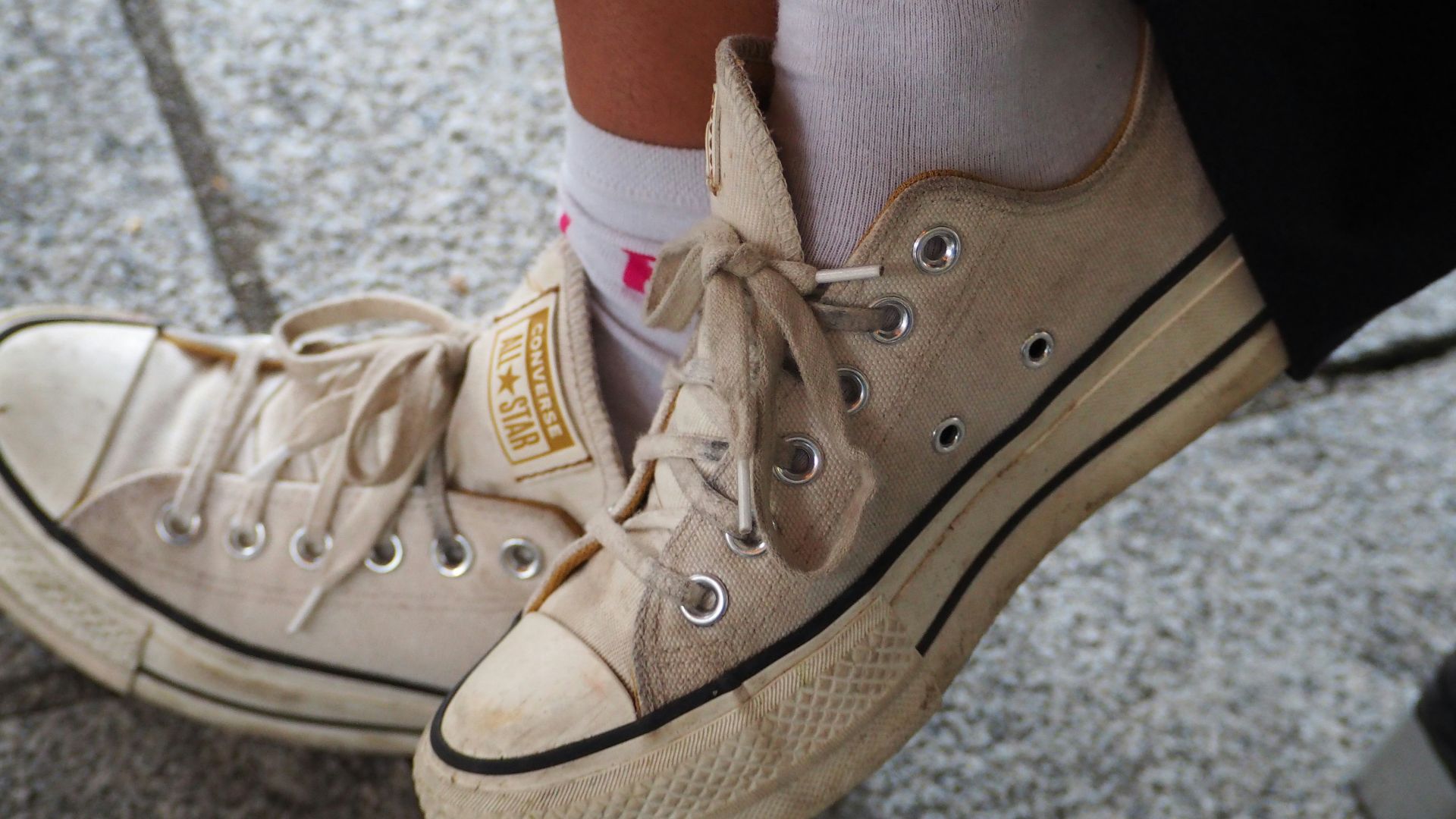 a close up of a person's shoes with socks on