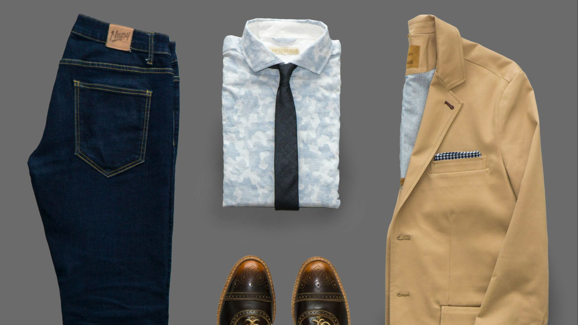 blue denim jeans and brown leather shoes