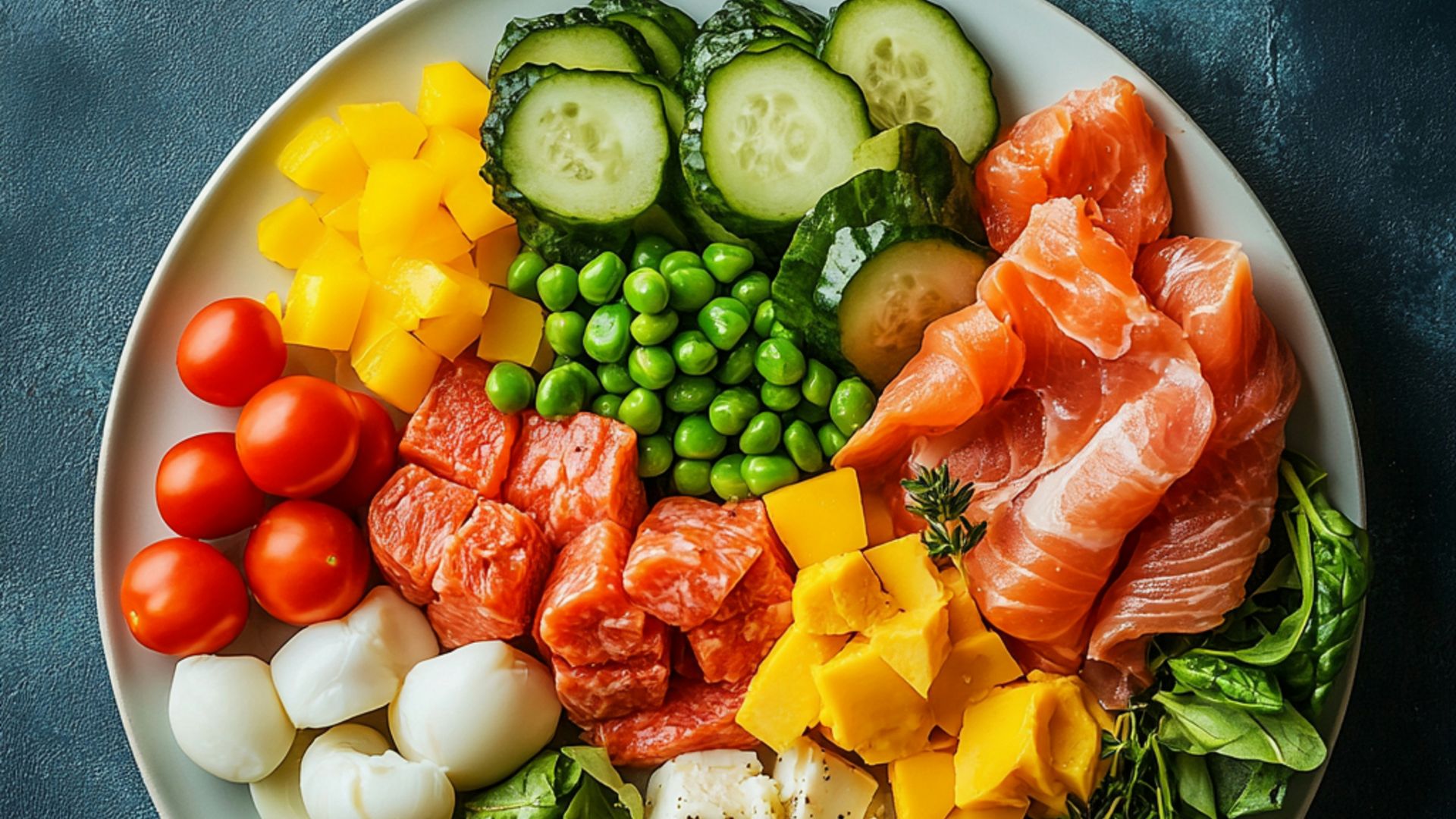 A colorful and delicious salmon and veggie plate.