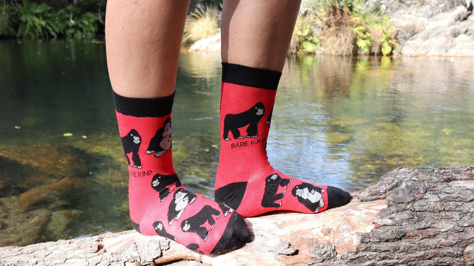 A person standing on a log over a river