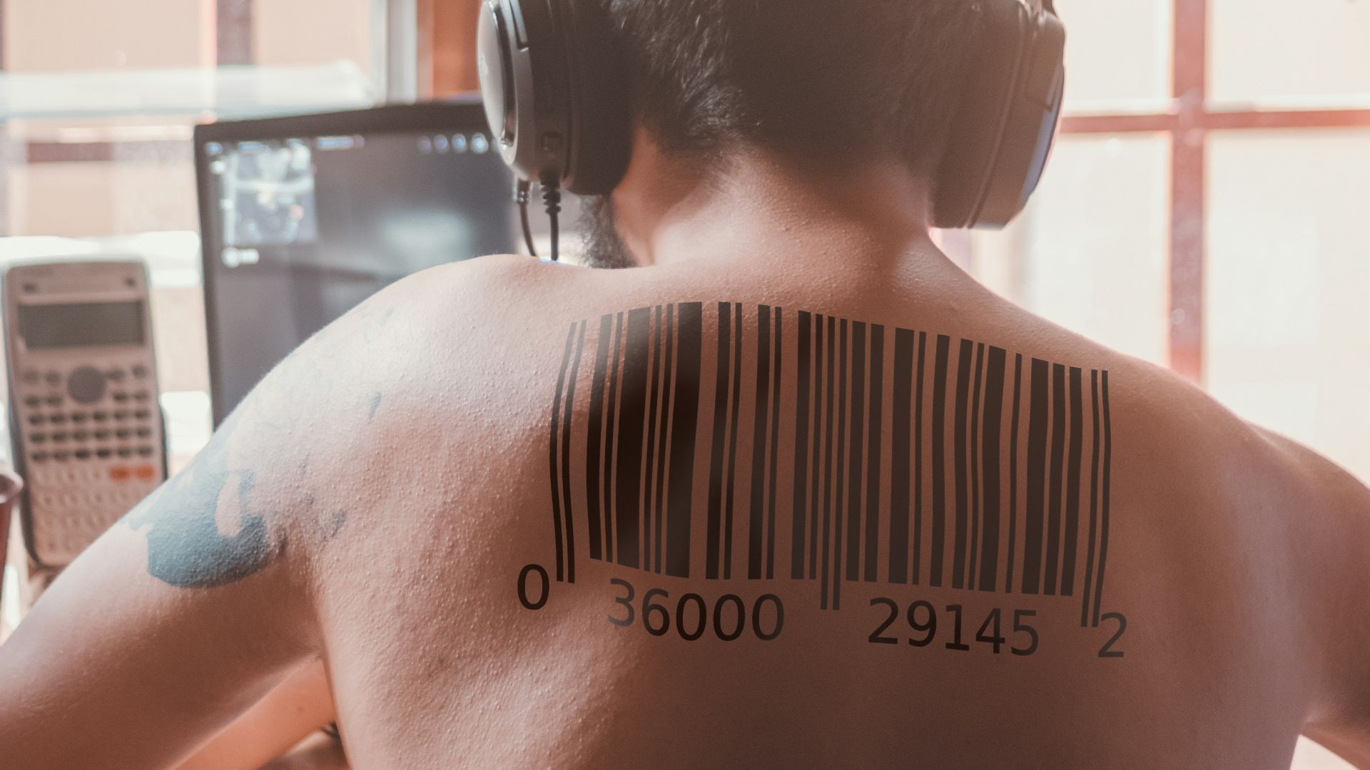 topless man wearing black headphones